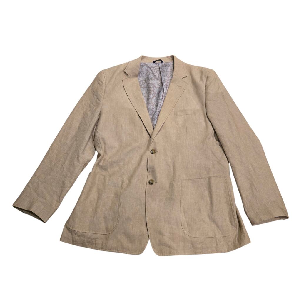 Alan Flusser Men's Linen Cotton Button Blazer Jacket Coat Preppy Lined Sz L Tan